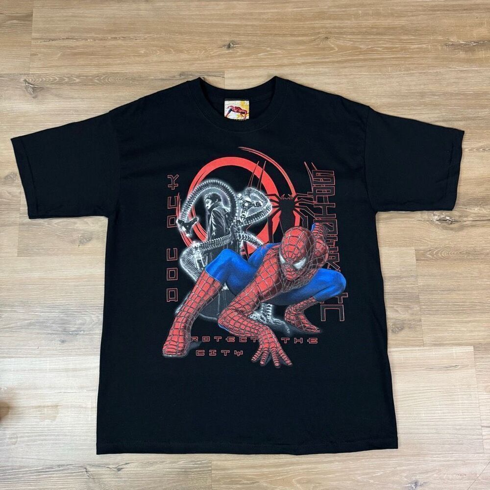 Vintage Spiderman 2 Movie Promo Tee Shirt Black Protect The City 2004 Kids XL